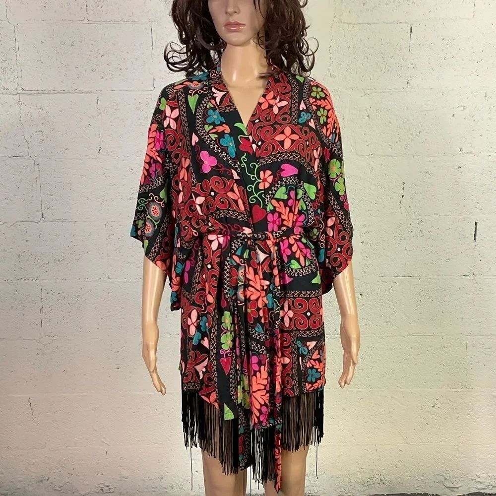 -Josie Natori black print fringe belted short kimono coverup robe XS - Picture 3 of 8